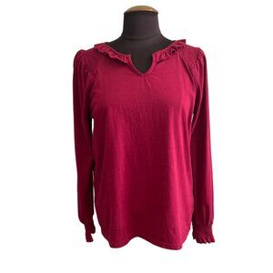 Talbots Women's Burgundy Ruffle Neck Long Sleeve Top Cotton, Size MP